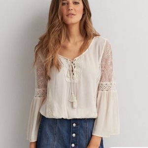American Eagle Peasant Top Crochet Embroidered